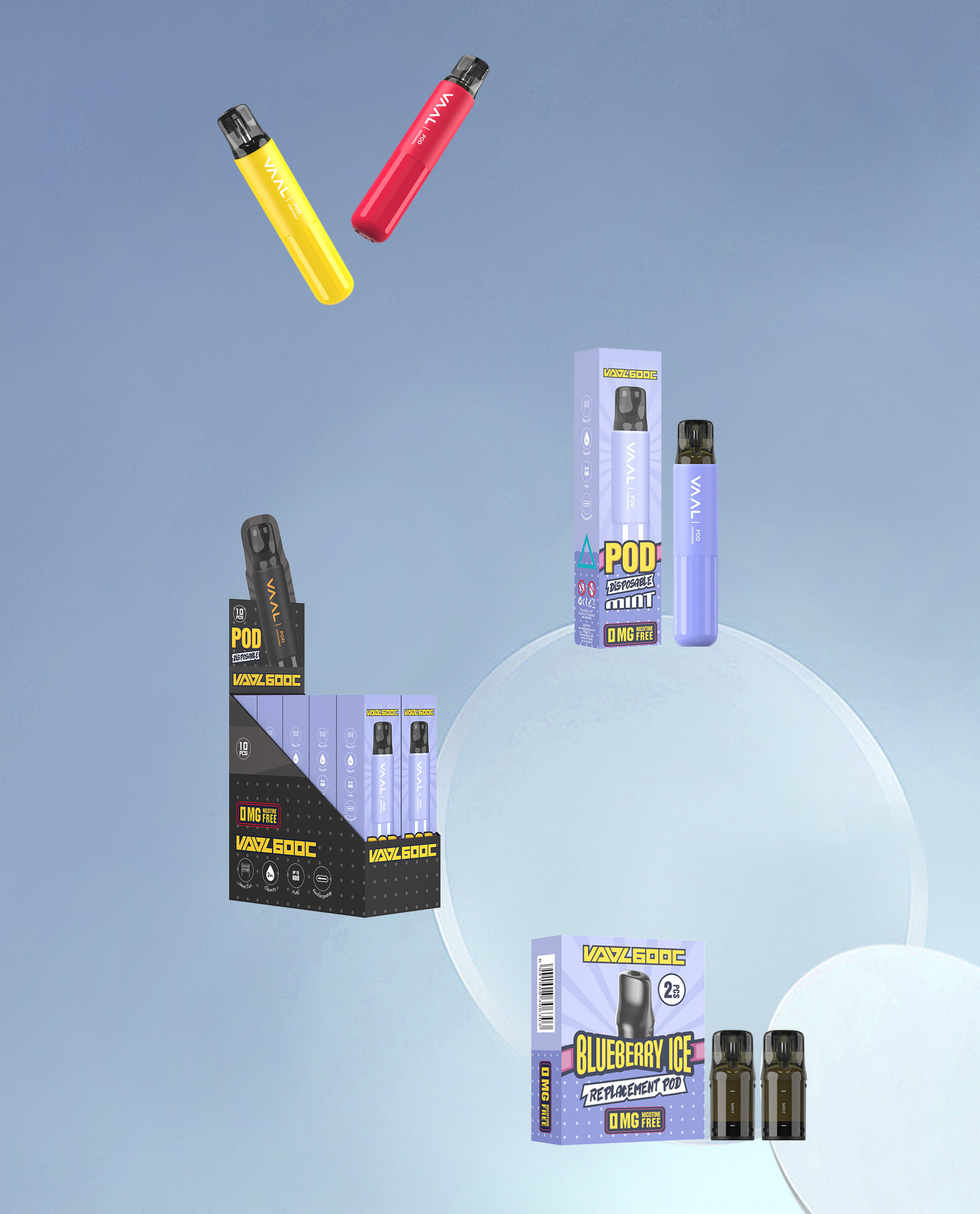 Specification of VAAL 600C vape kit: Up to 600 puffs, 500mAh battery, 2ml E-liquid Capacity, 1.8ohm mesh coil.